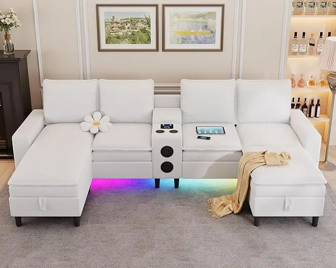 Lamp Post 4-seat modern sectional sofa with Bluetooth, RGB lighting, charging station, and wireless speaker in a living room setting.