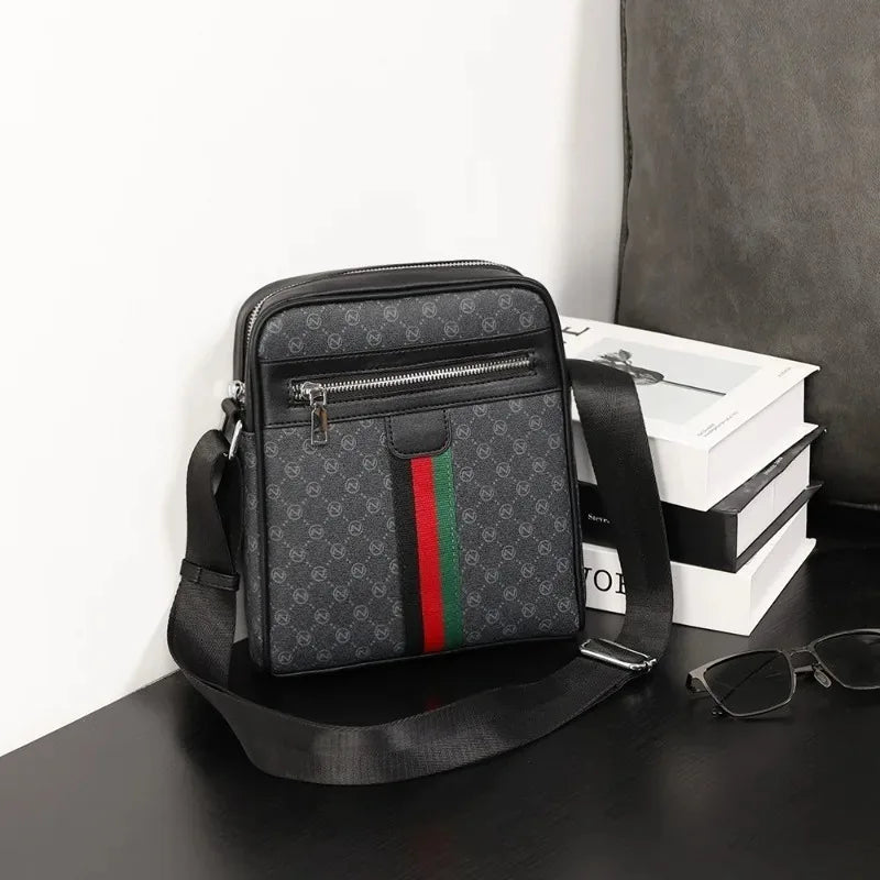 Luxury Lamp Post men's crossbody bag with plaid pattern, letter print, square shoulder design, and adjustable sling strap.