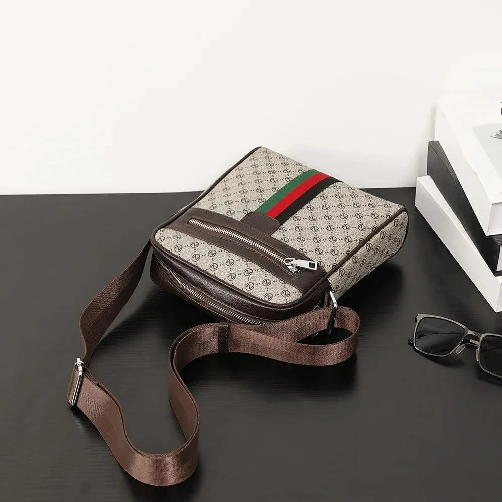 Lamp Post men's luxury crossbody bag in khaki with plaid and letter print, featuring a square shape and shoulder strap.