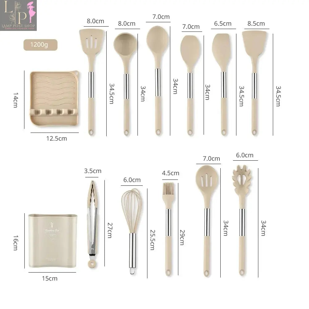 Lamp Post 13-piece silicone kitchen utensil set with steel handles in a storage bucket, ideal for versatile cooking tools.