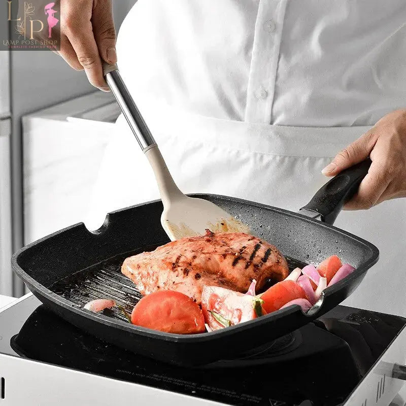 Lamp Post 13-piece silicone kitchen utensil set with storage bucket and steel handles, includes spatulas, spoons, and tongs in grey.
