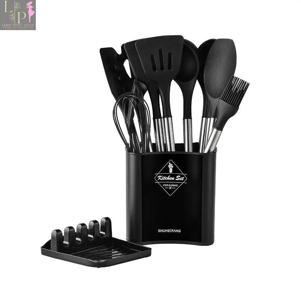 Lamp Post 13-piece silicone kitchen utensil set with storage bucket and steel handles, includes spatulas, spoons, and tongs in grey.