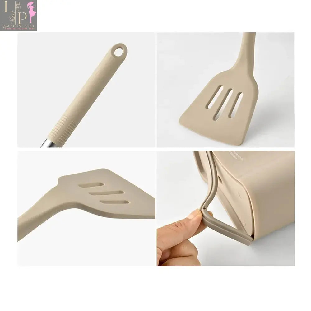 Lamp Post 13-piece silicone kitchen utensil set with steel handles and storage bucket, featuring spatulas, spoons, and tongs.