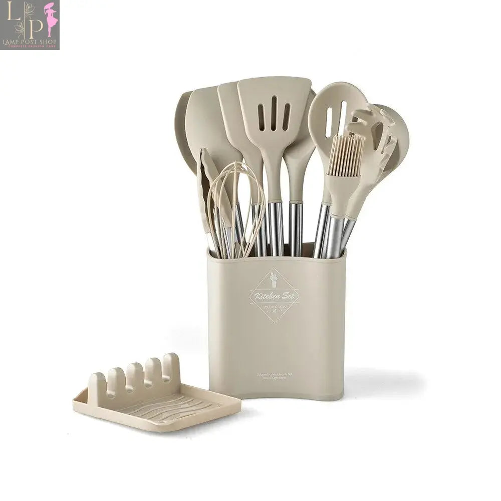 Lamp Post 13-piece silicone kitchen utensil set with storage bucket and steel handles, including spatulas, spoons, and tongs.