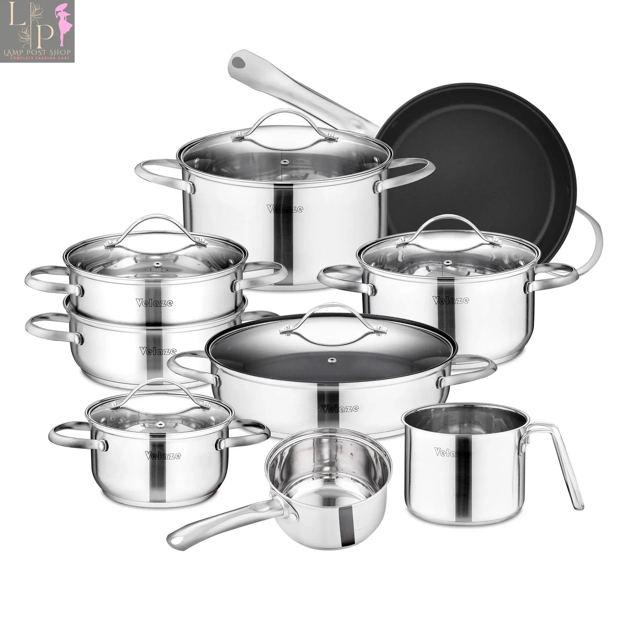 Lamp Post 14-piece Velaze stainless steel cookware set with induction-safe pots and pans, displayed on a kitchen countertop.