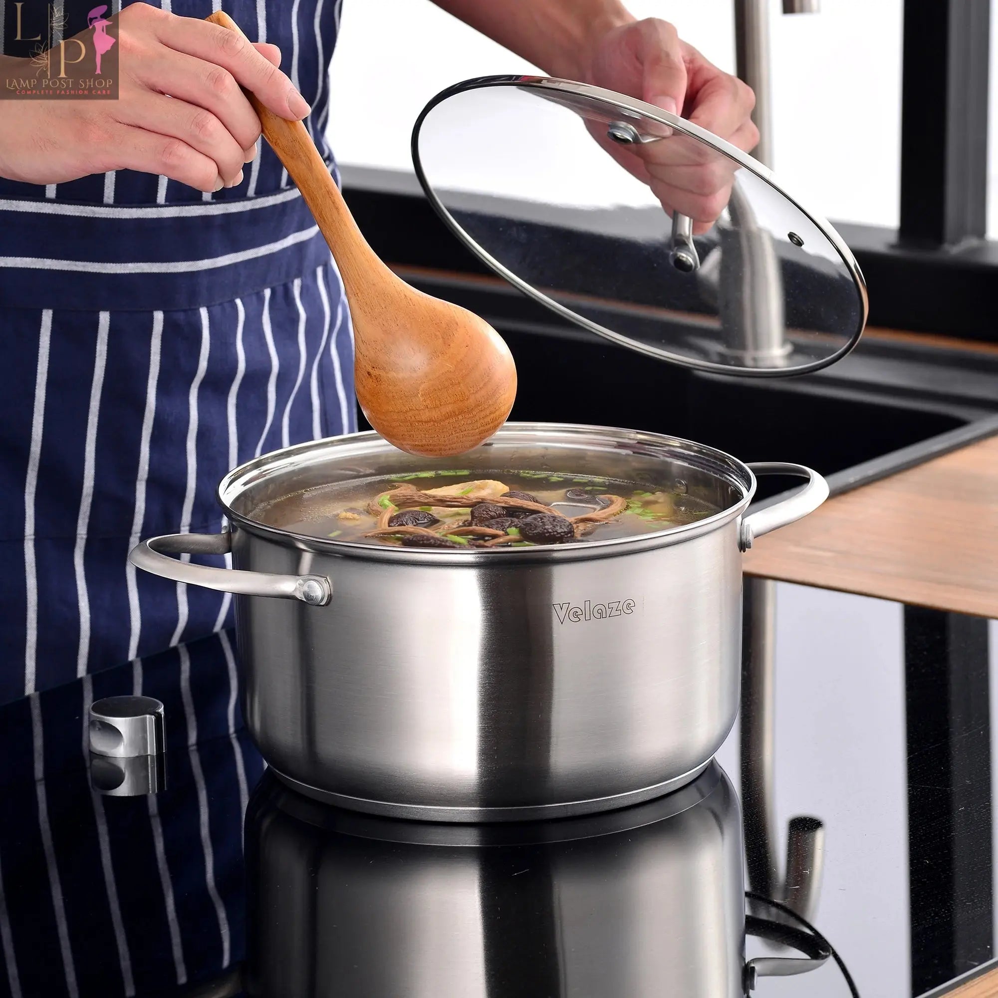 8/9/14-piece Velaze stainless steel cookware set by Lamp Post, including pots and pans, induction safe kitchen appliances.