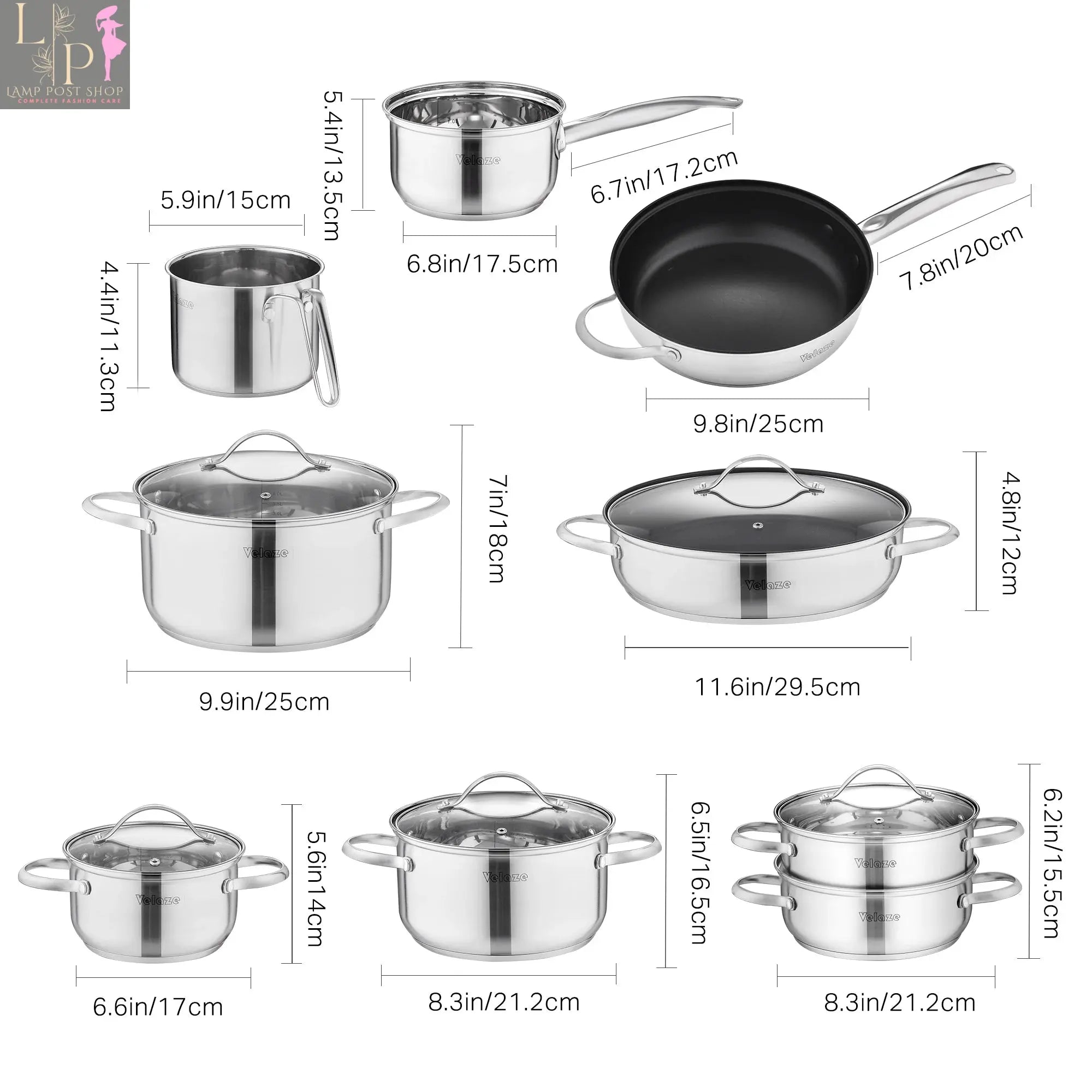 Lamp Post Velaze stainless steel 8/9/14-piece cookware set with induction-safe pots and pans for versatile kitchen use.
