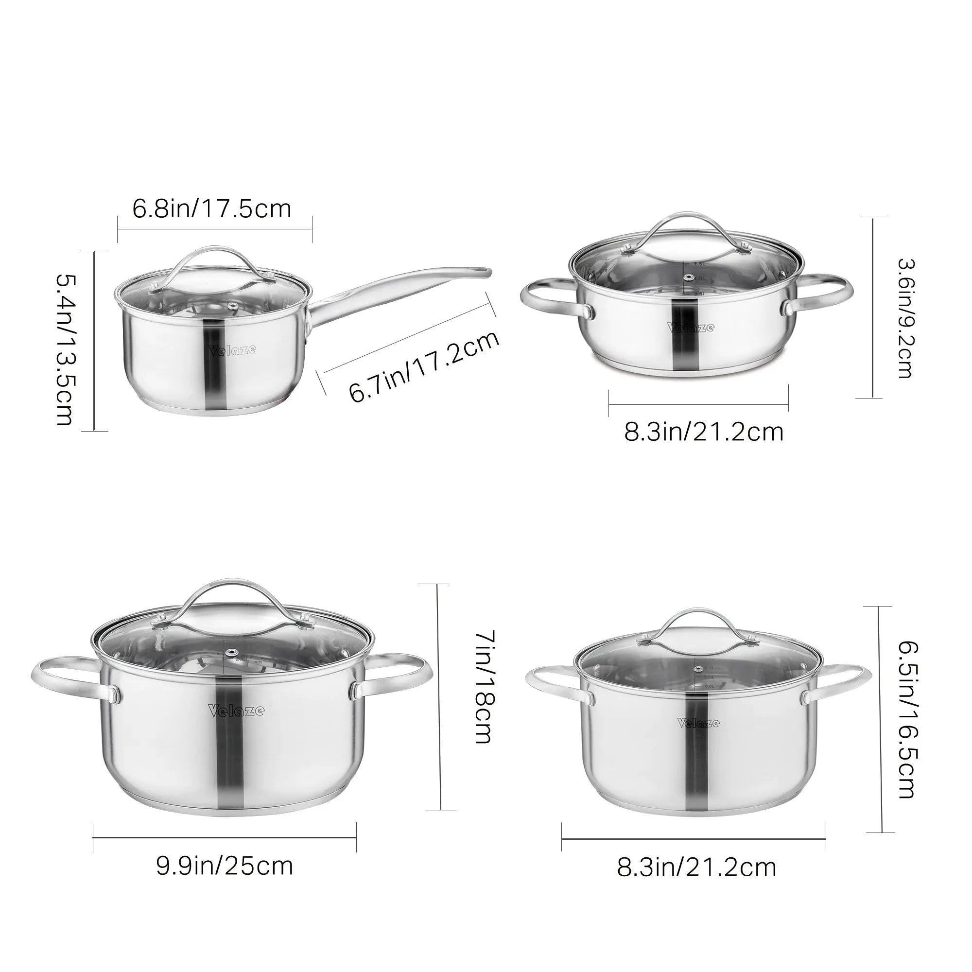 8/9/14-piece Velaze stainless steel cookware set by Lamp Post, induction-safe kitchen pots and pans displayed on a countertop.