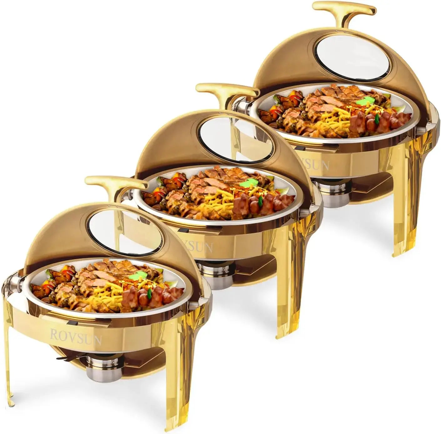 Lamp Post ROVSUN 6 QT 3-pack round chafing dish buffet set with roll-top lids, ideal for keeping food warm at buffets.