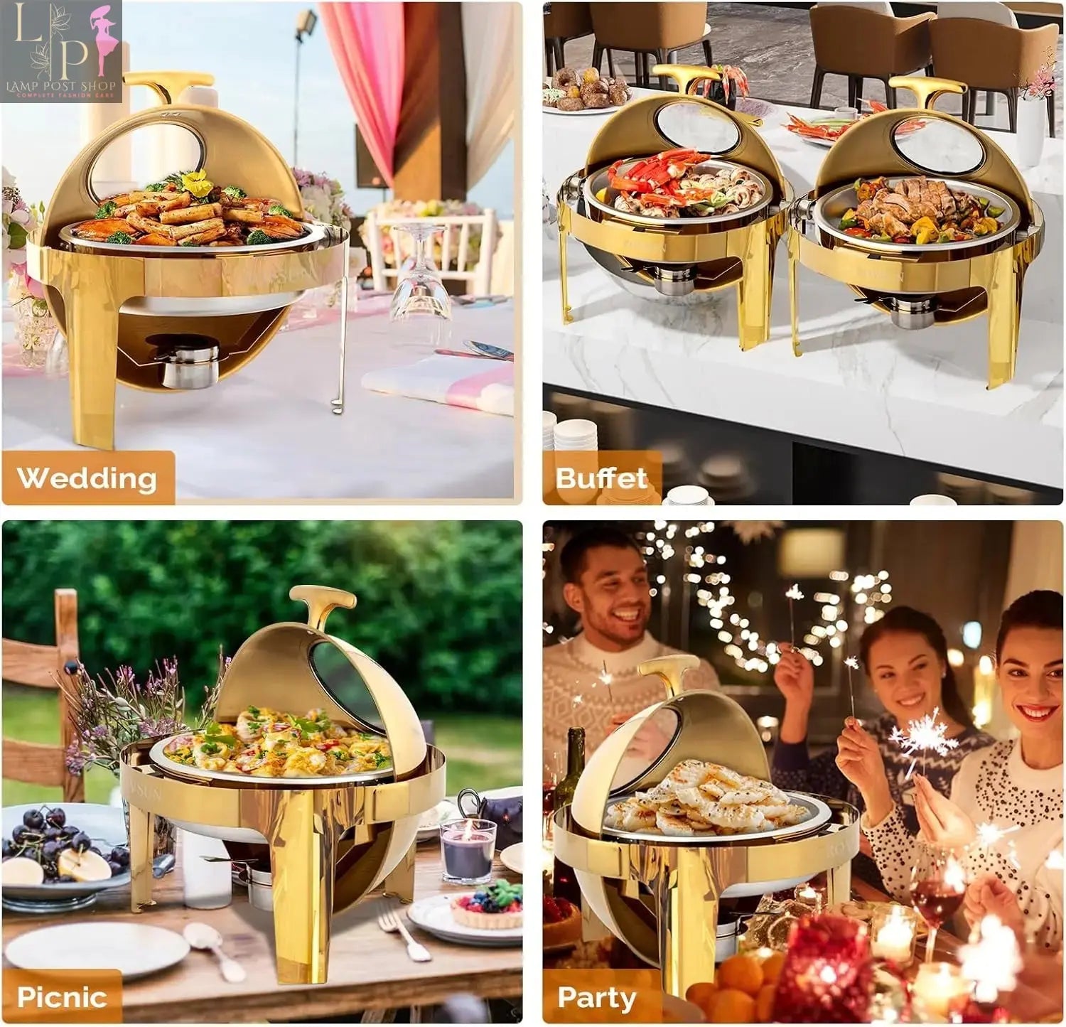 Lamp Post ROVSUN 6 Qt round chafing dish buffet set with roll top lids, three-piece kitchen appliance for serving hot food.