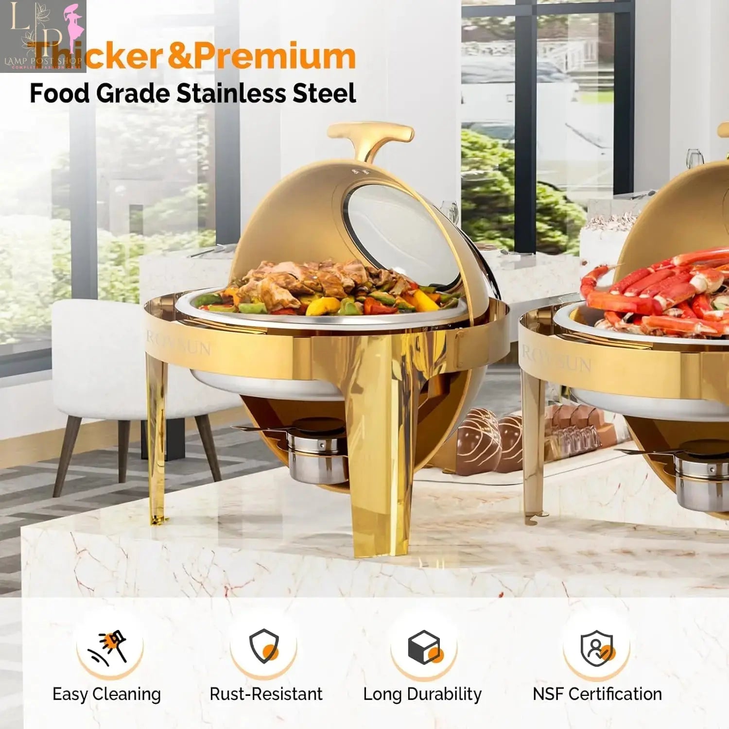 Lamp Post ROVSUN 6 Qt 3-Pack Round Chafing Dish Buffet Set with roll-top lids, ideal for serving hot food at buffets.