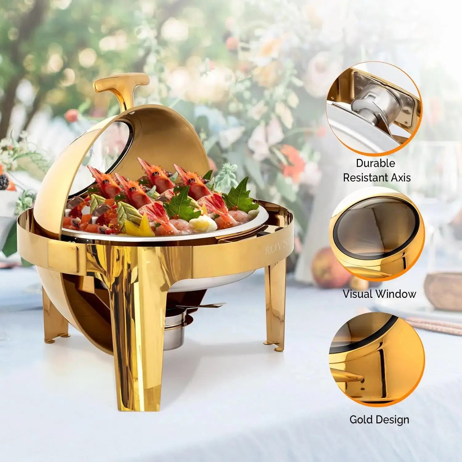 Lamp Post ROVSUN 6 QT 3-pack round chafing dish buffet set with roll-top lids, designed for kitchen buffet and catering use.