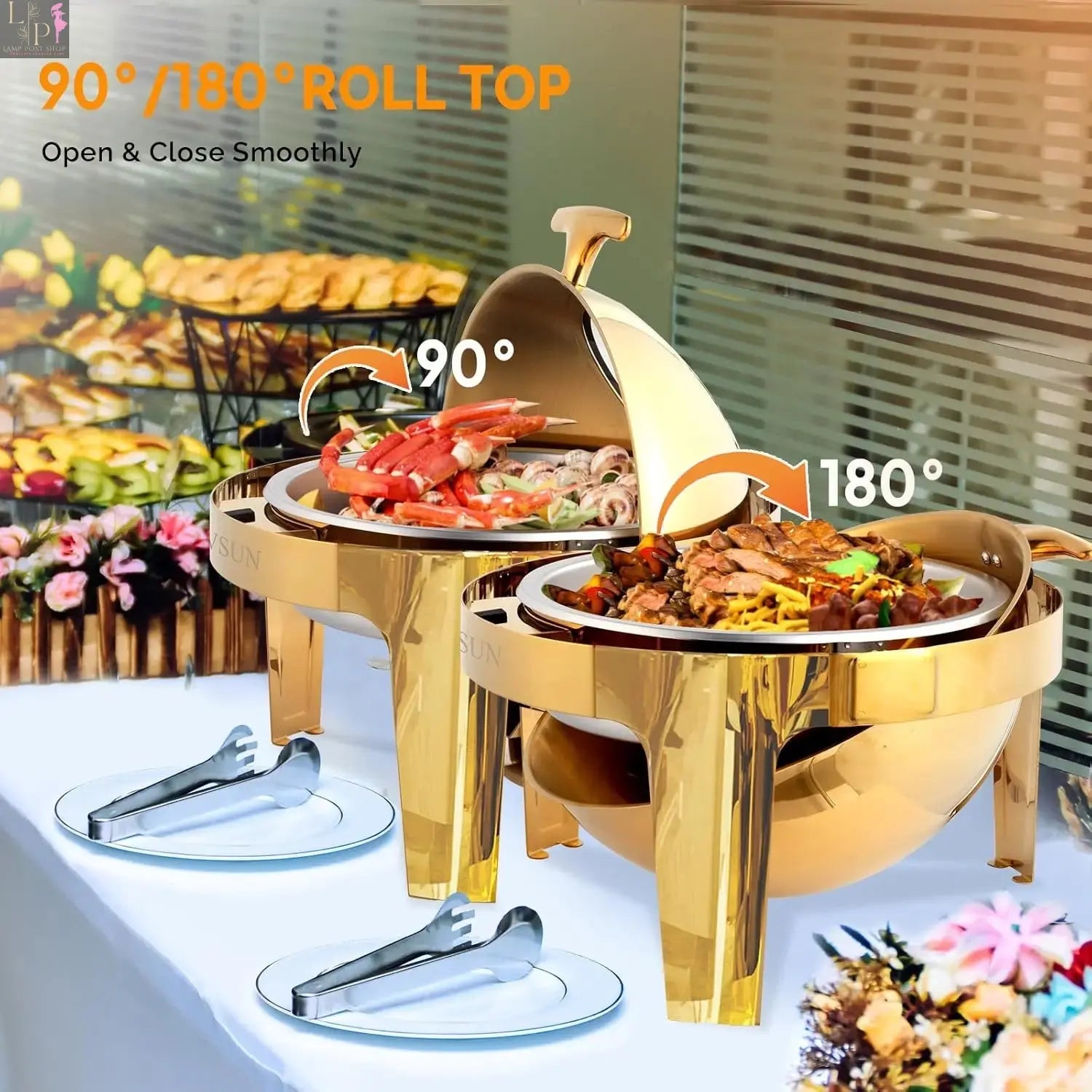 Lamp Post ROVSUN 6 QT round chafing dish buffet set with roll-top lids, three-pack for kitchen appliances and catering.
