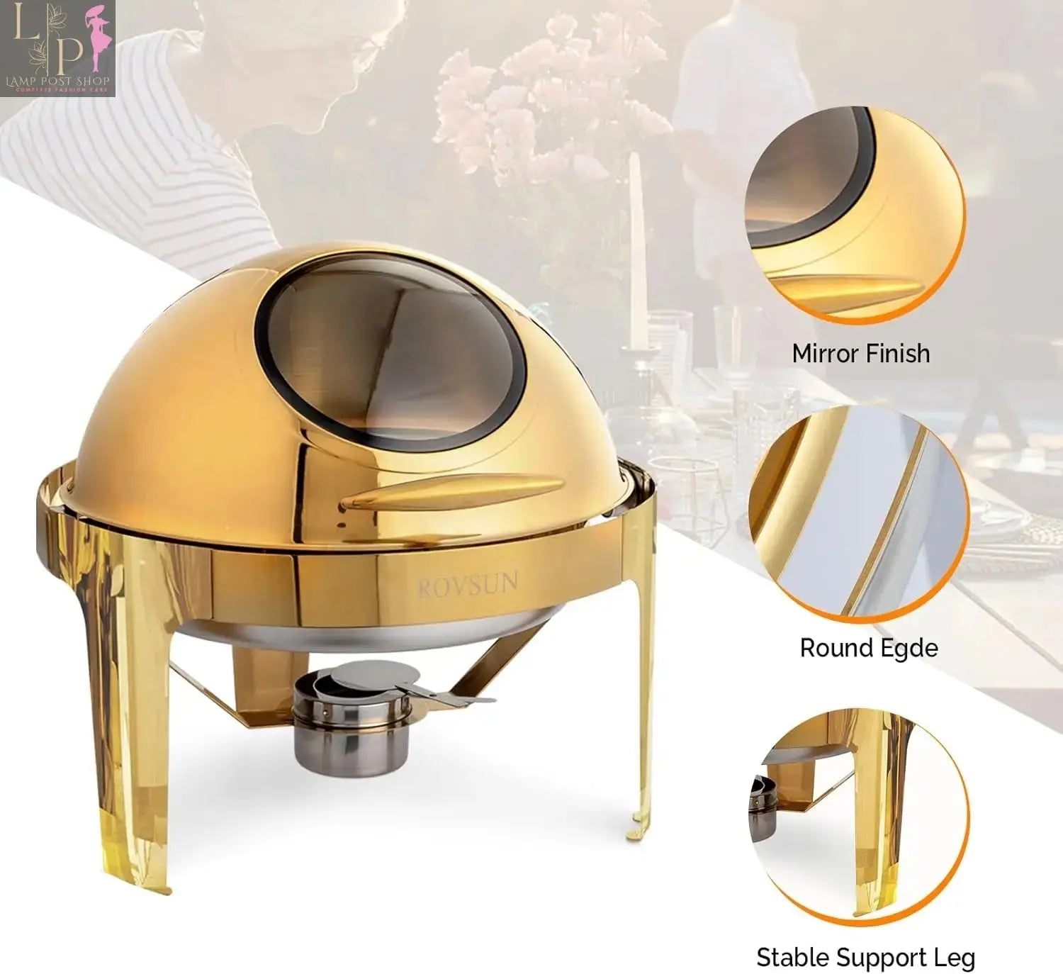 Lamp Post ROVSUN 6 QT 3-Pack Round Chafing Dish Buffet Set with roll-top lids, ideal for keeping food warm at buffets.