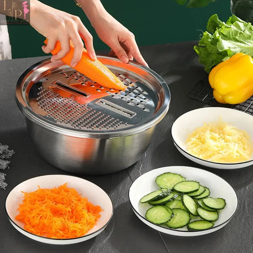 Lamp Post 3-piece kitchen appliance set with rice bowl, grater, vegetable slicer, and drain basket for food prep and cooking.