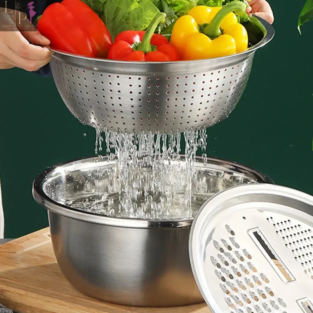 Lamp Post 3-piece kitchen set including rice bowl, grater, vegetable slicer, cutter, drain basket, cookware, and pots and pans.