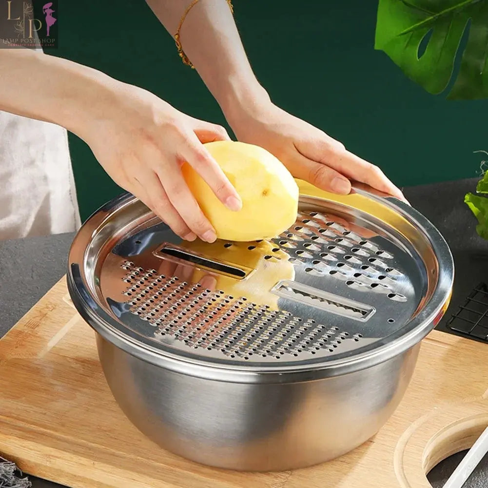 Lamp Post 3-piece kitchen rice bowl, grater, vegetable slicer, and drain basket set for food prep and kitchen organization.