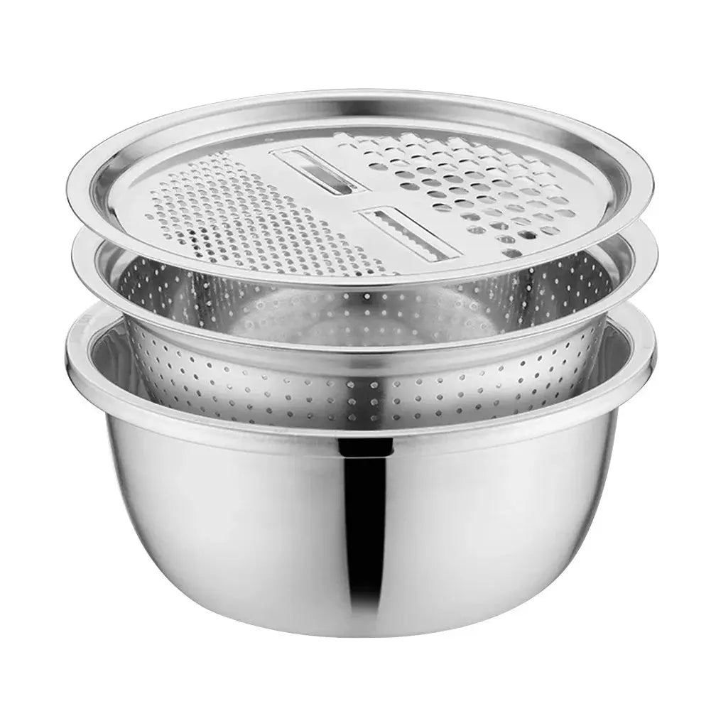 Lamp Post 3-piece kitchen appliance set with rice bowl, vegetable grater, slicer, cutter, drain basket, cookware, and pots and pans.