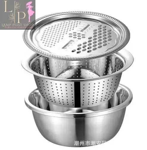 Lamp Post 3-piece kitchen set with rice bowl, grater, vegetable slicer, and drain basket for food prep and cooking.