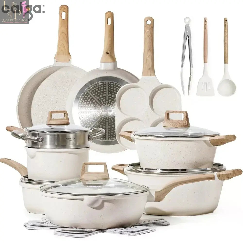 Lamp Post 3-7 non-stick white granite cookware set with frying pans and saucepan, ideal for versatile kitchen cooking.