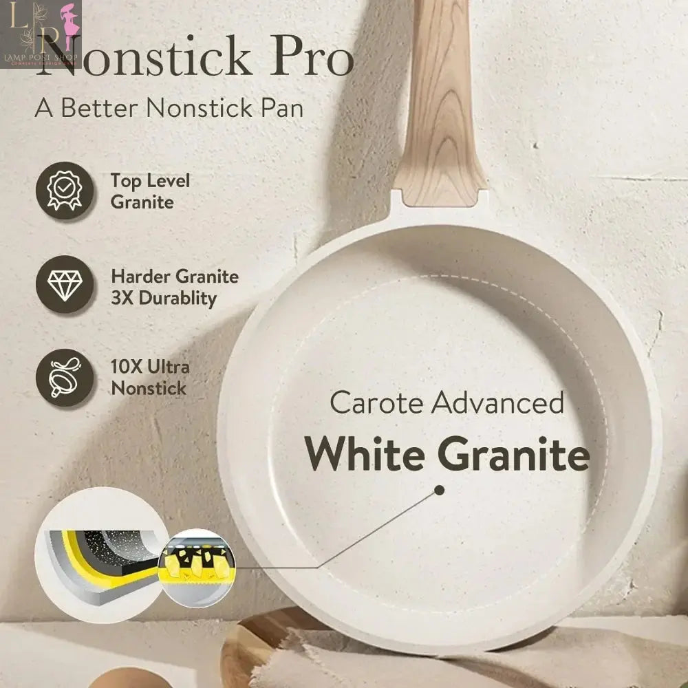 Lamp Post 4-piece white granite non-stick cookware set with frying pans and saucepan for kitchen appliances.