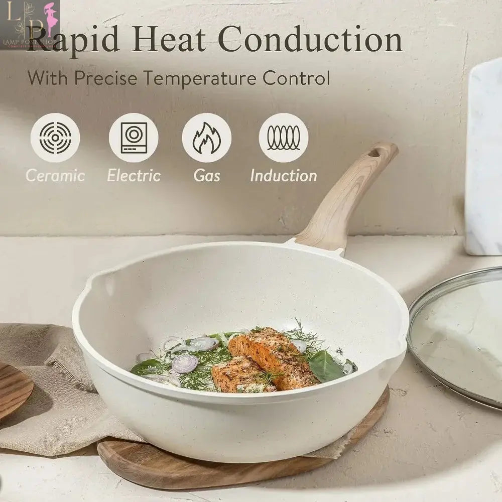 Lamp Post 3-7 non-stick white granite cookware set with frying pans and saucepan, kitchen appliances for versatile cooking.