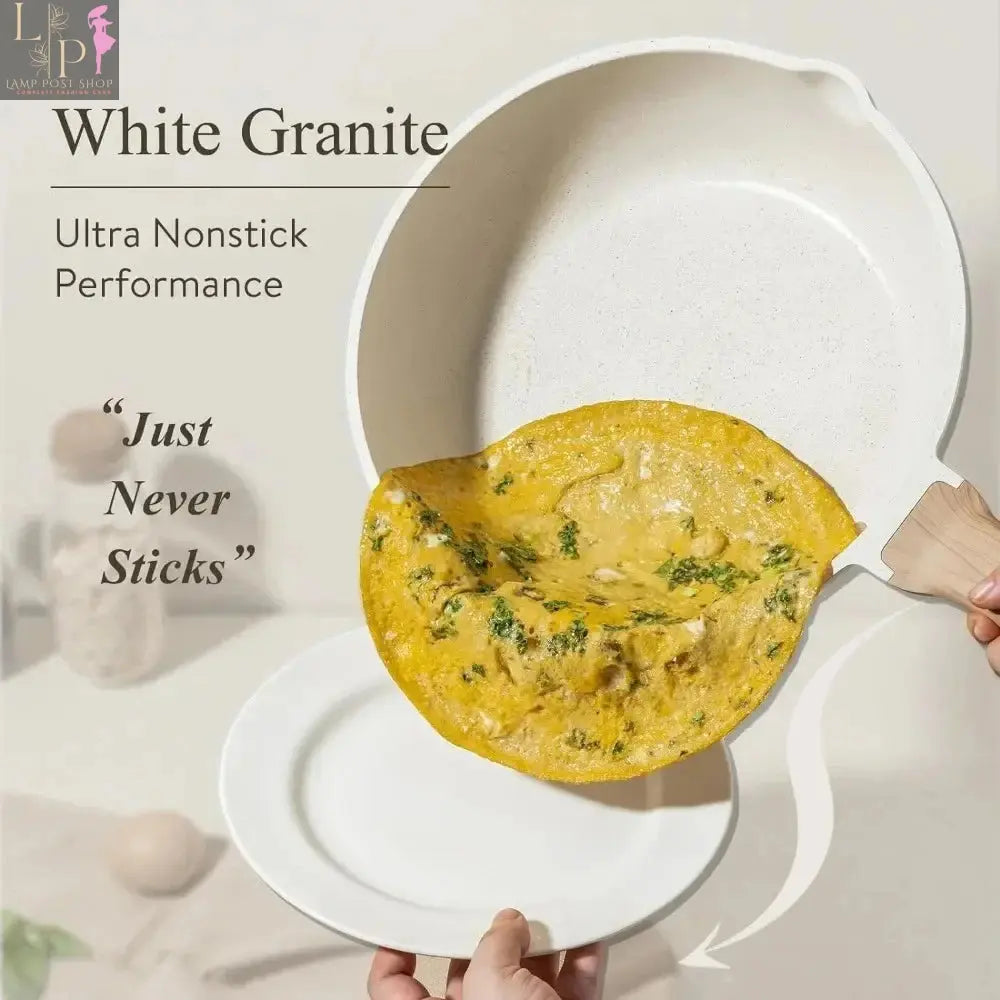Lamp Post 3-7 non-stick white granite cookware set with frying pans and saucepan, ideal for versatile kitchen cooking.