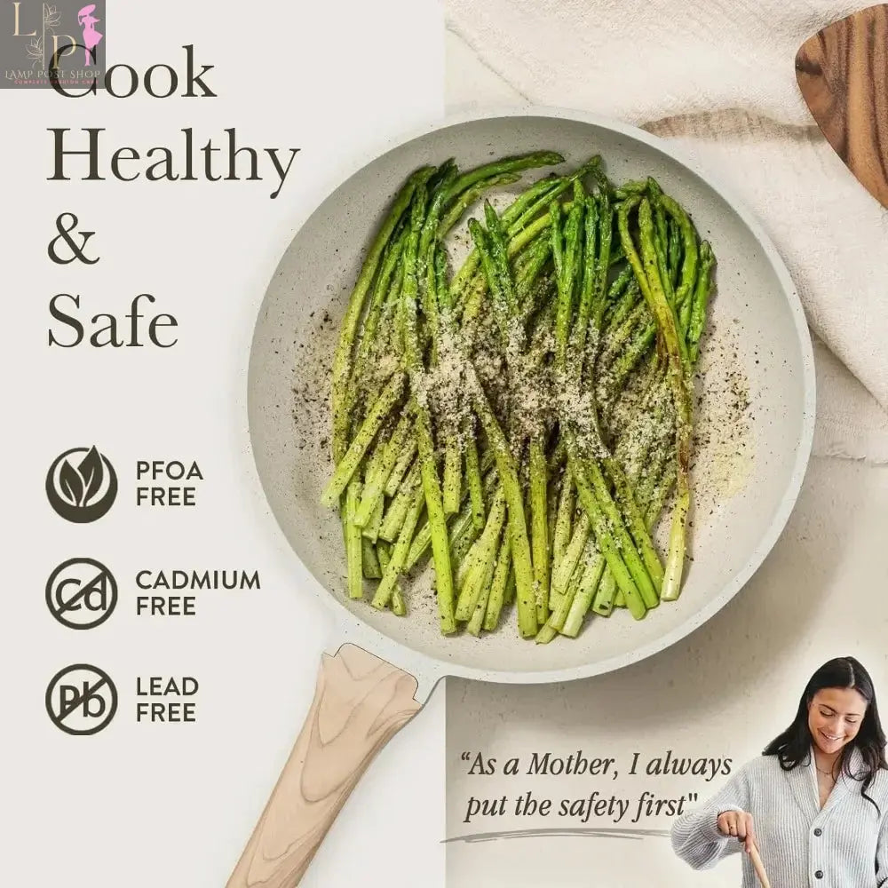 Lamp Post 3-7 non-stick white granite cookware set with frying pans and saucepan, durable kitchen appliances for everyday cooking.