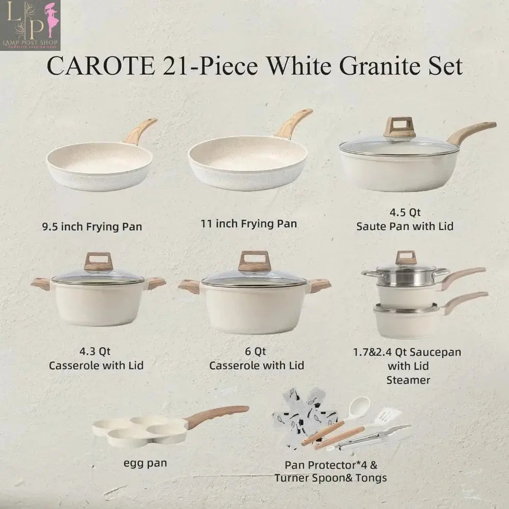 Lamp Post 3-7 non-stick white granite cookware set with frying pans and saucepan, ideal for durable kitchen appliances.