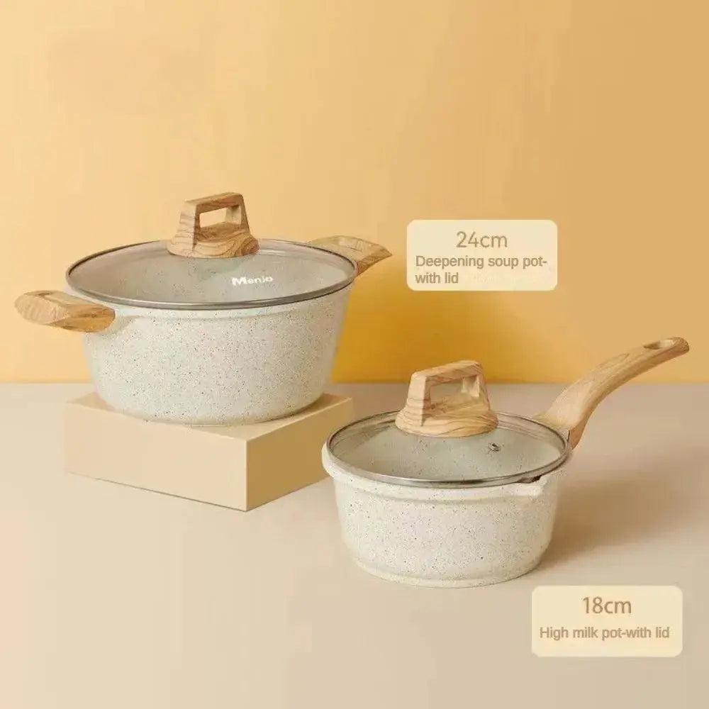 Lamp Post 3-7 non-stick white granite cookware set with frying pans and saucepan, ideal for versatile kitchen cooking.