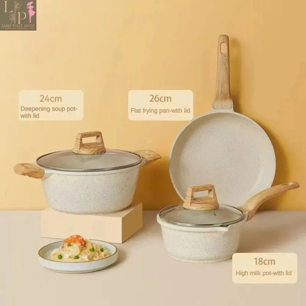 Lamp Post 4-piece non-stick white granite cookware set with frying pans and saucepan, ideal for versatile kitchen cooking.