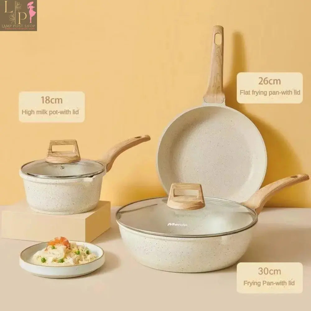 Lamp Post 3-7 non-stick white granite cookware set with frying pans and saucepan, ideal for versatile kitchen cooking.