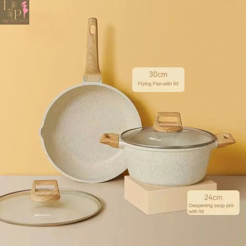 Lamp Post 4-piece non-stick white granite cookware set with frying pans and saucepan for versatile kitchen cooking.