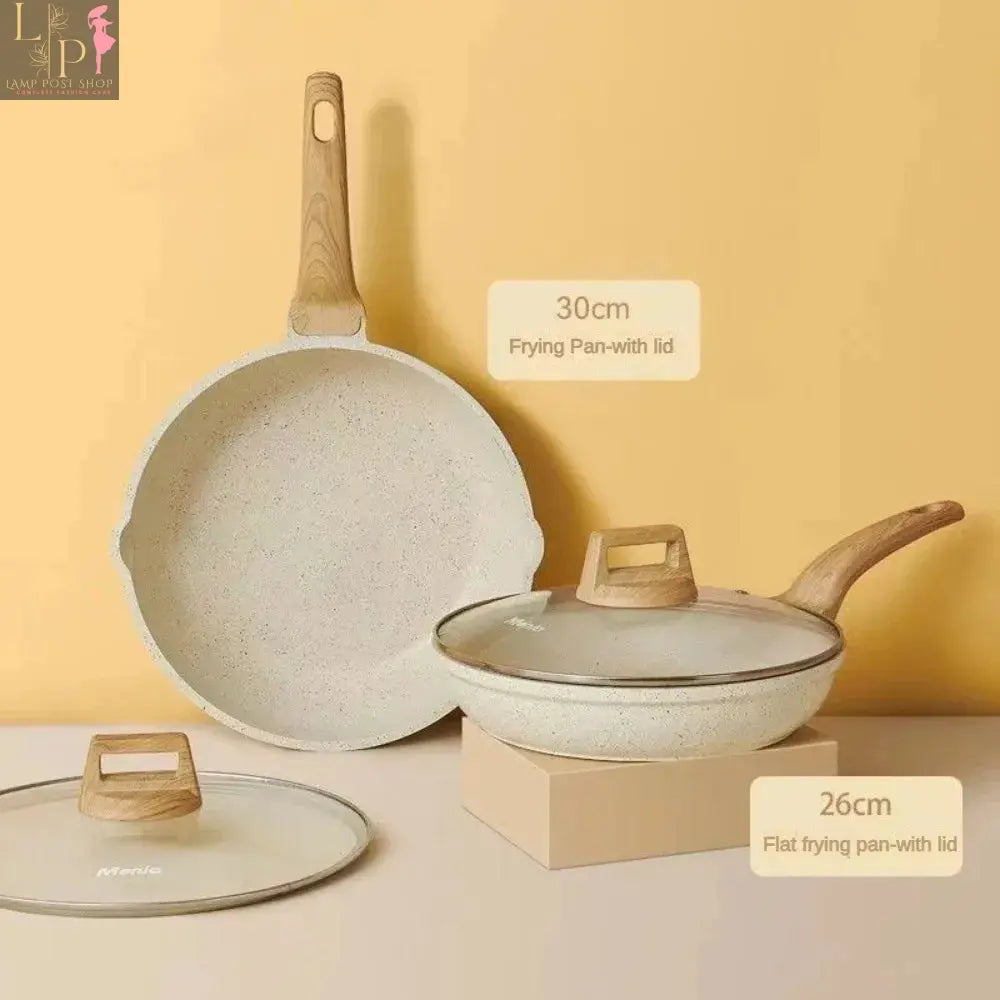 Lamp Post 3-7 non-stick white granite cookware set with frying pans and saucepan, kitchen appliances for easy cooking.