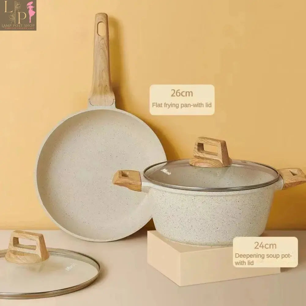 Lamp Post 3-7 non-stick white granite cookware set with frying pans and saucepan, ideal for kitchen appliances and cooking.