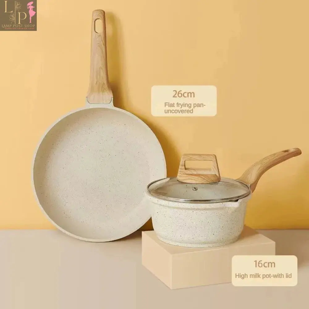 Lamp Post 3-7 non-stick white granite cookware set with frying pans and saucepan, kitchen appliances for easy cooking.