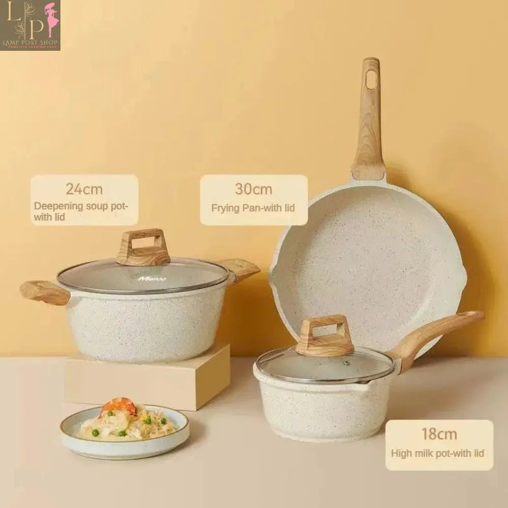 Lamp Post 3-7 non-stick white granite cookware set with frying pans and saucepan, perfect for kitchen appliances and cooking needs.