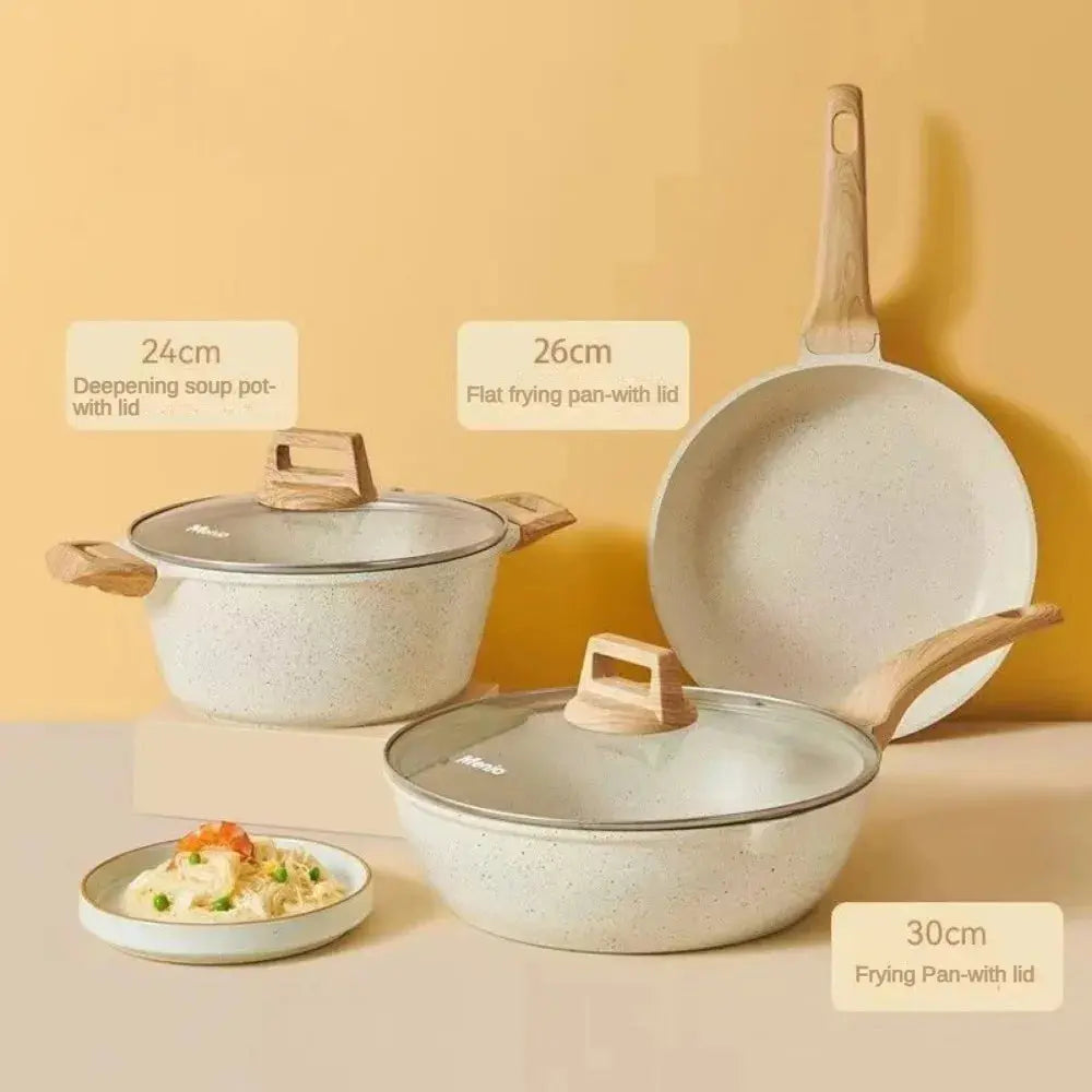 Lamp Post 3-7 non-stick white granite cookware set with frying pans and saucepan, ideal for versatile kitchen cooking.