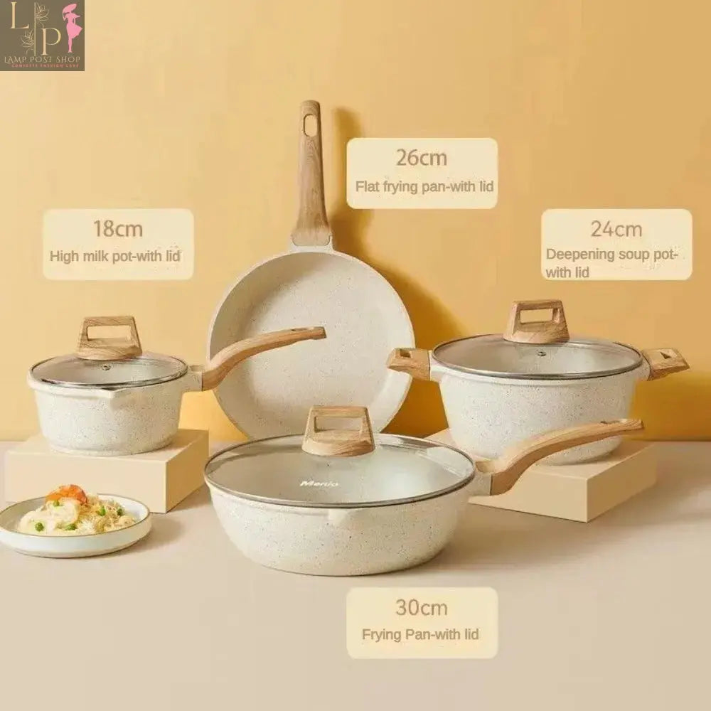 Lamp Post 4-piece non-stick white granite cookware set with frying pans and saucepan, ideal for versatile kitchen cooking tasks.