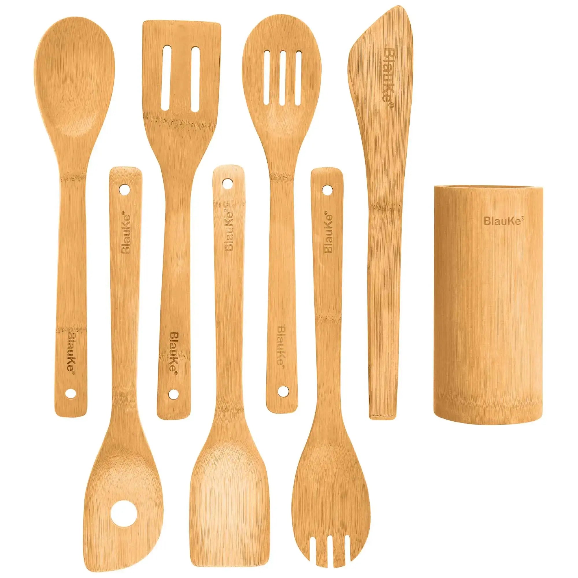 Set of 8 bamboo kitchen utensils from Lamp Post, including wooden spoons and spatulas, suitable for nonstick cookware.