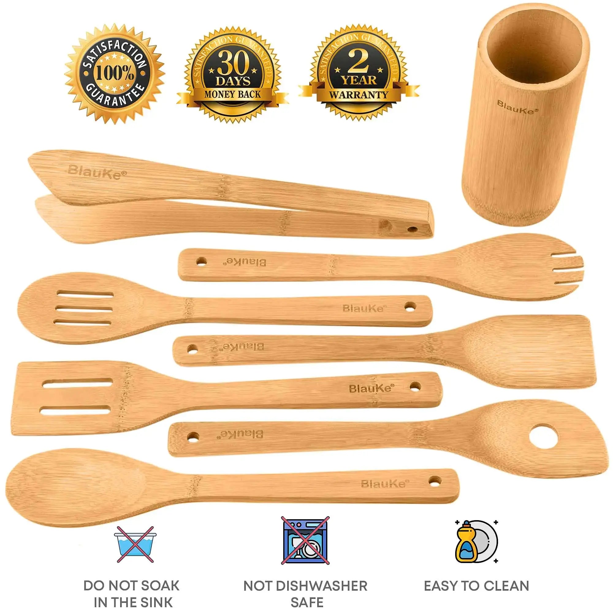 Lamp Post bamboo kitchen utensils set with 8 nonstick wooden cooking tools displayed on a countertop.