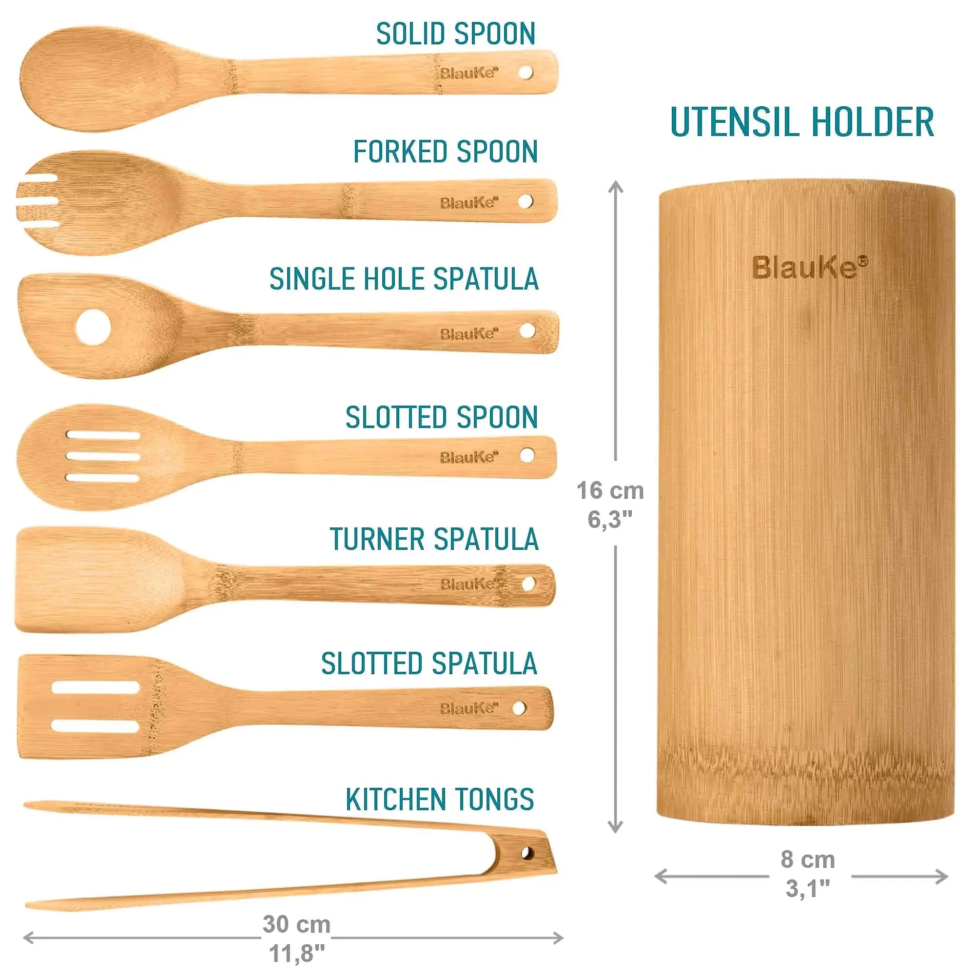 Lamp Post bamboo kitchen utensils set with 8 nonstick wooden cooking tools displayed on a kitchen countertop.