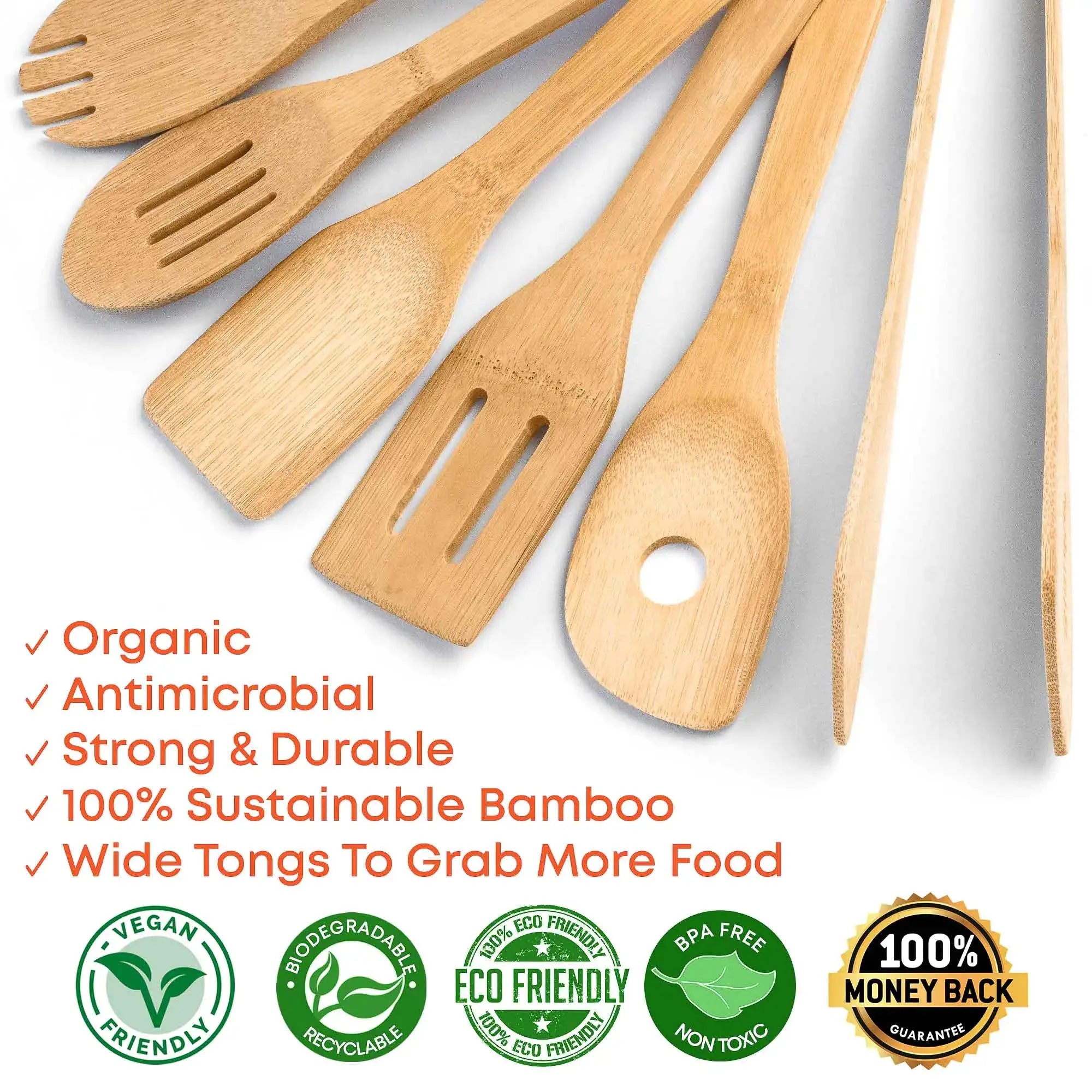 Lamp Post bamboo kitchen utensils set with 8 nonstick wooden cooking tools shown in a kitchen setting.