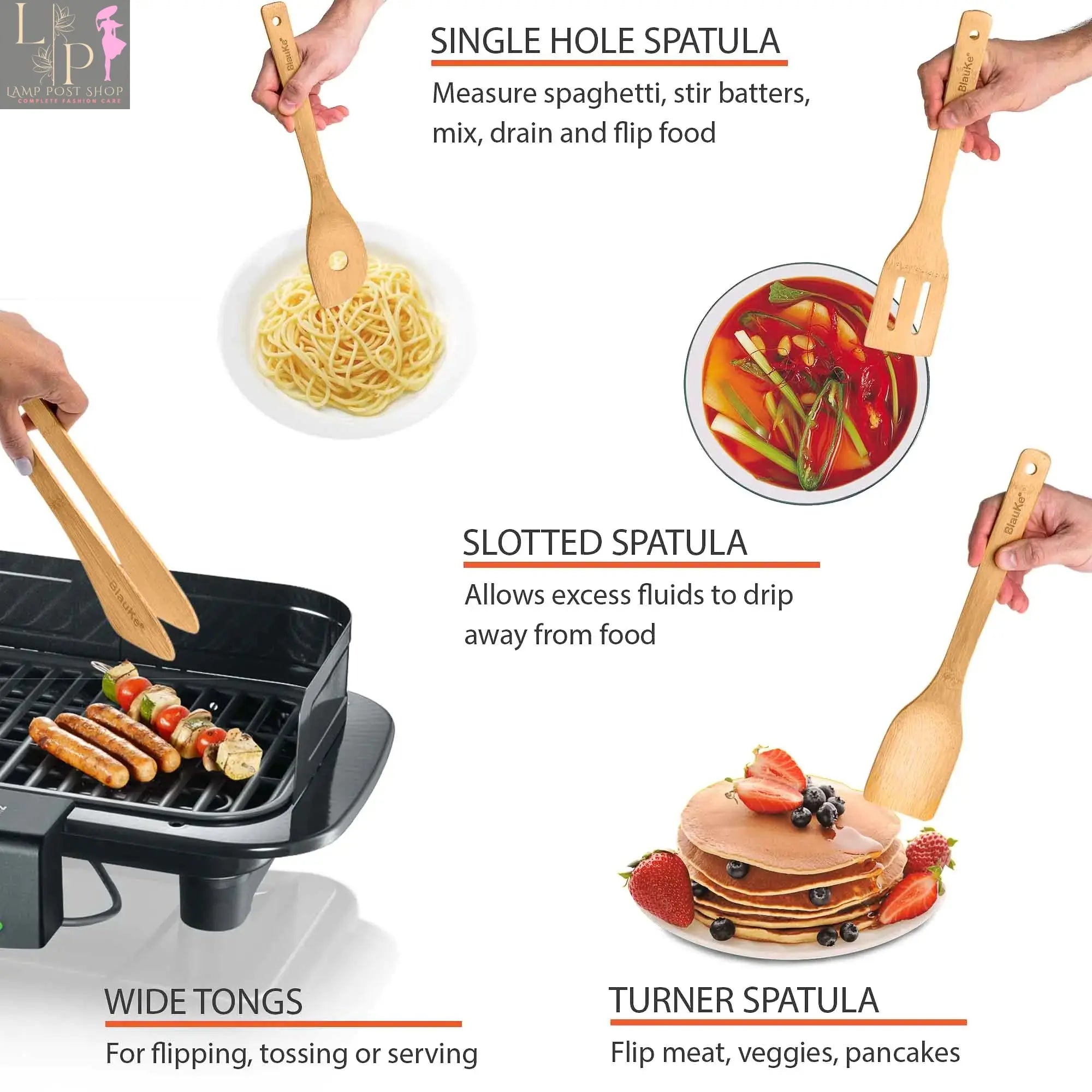 Lamp Post bamboo kitchen utensils set with 8 nonstick wooden cooking tools, including spoons and spatulas, displayed on a kitchen countertop.