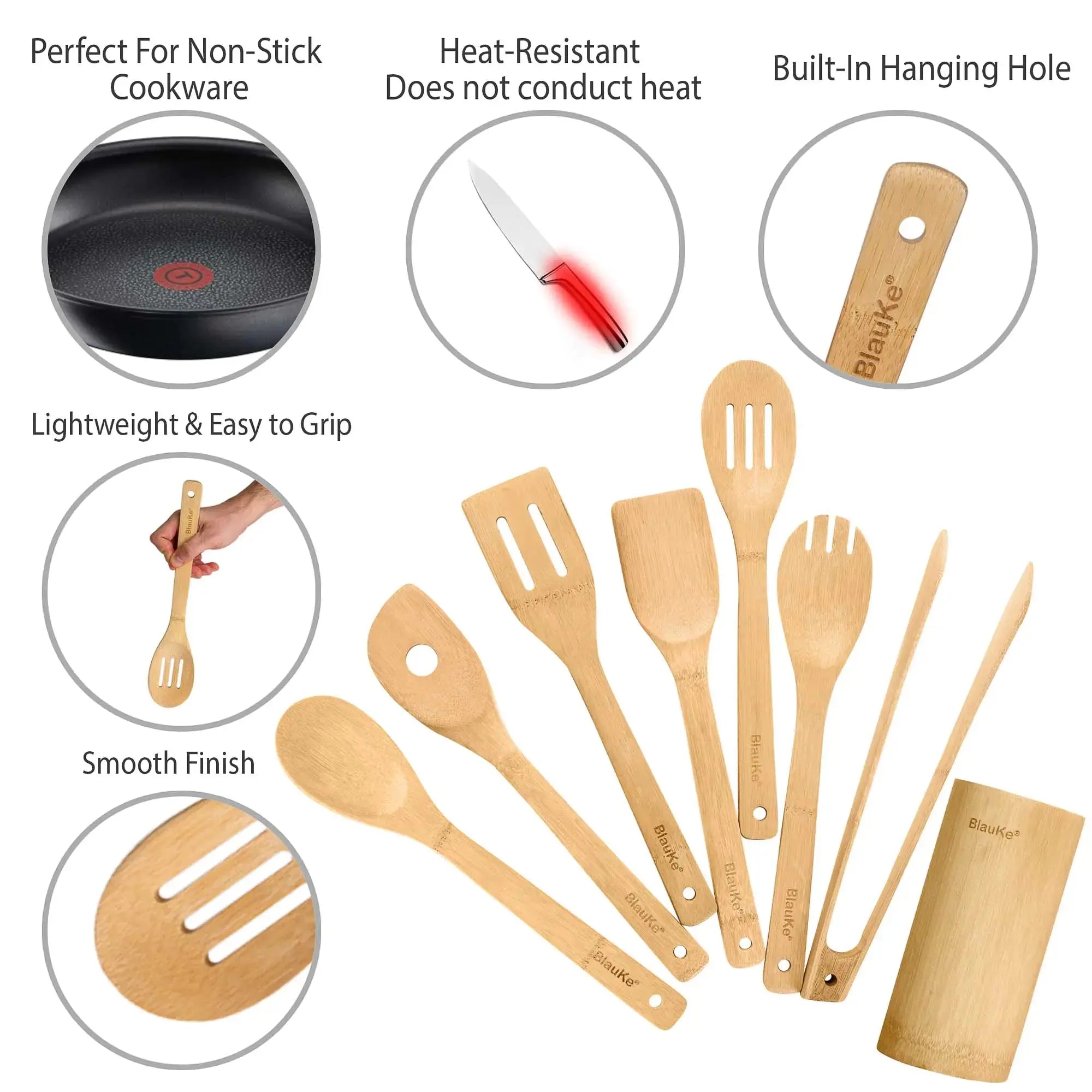 Lamp Post bamboo kitchen utensils set with 8 nonstick wooden cooking tools, including spoons and spatulas on a kitchen counter.