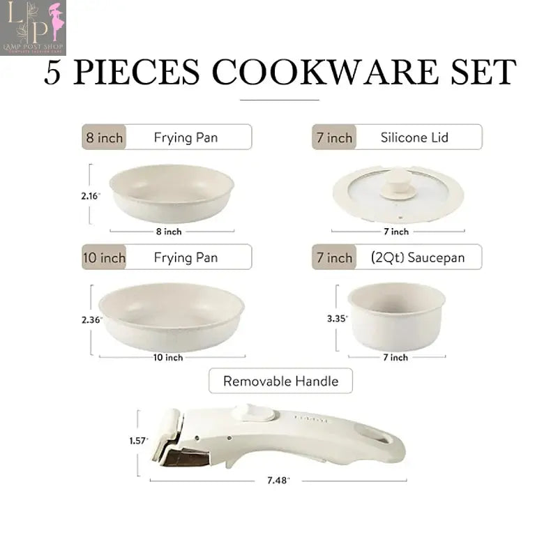Five-piece non-stick cookware set including aluminum pots and pans for home kitchens, by Lamp Post.