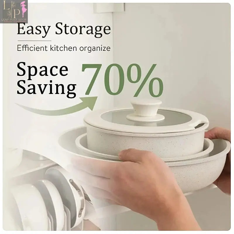 Lamp Post 5-piece non-stick cookware set with aluminum pots, including frying pans and saucepans for home kitchen use.