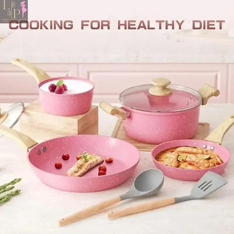 8-piece Lamp Post nonstick cookware set with glass lids and Bakelite handles, perfect for versatile kitchen cooking.