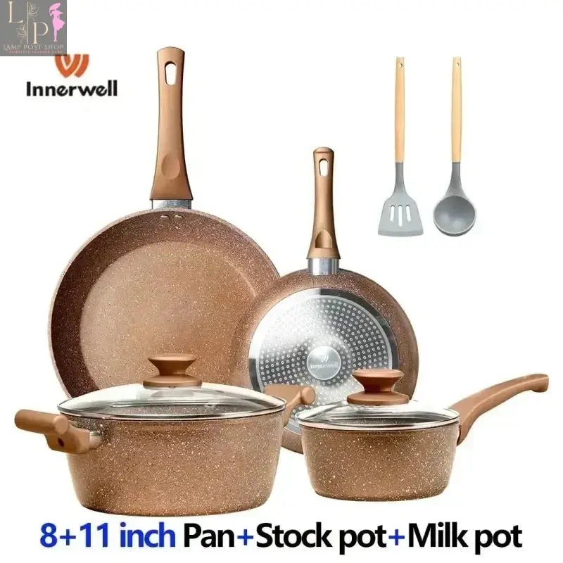 8-piece nonstick cookware set with glass lids and Bakelite handles from Lamp Post, perfect for versatile kitchen cooking.