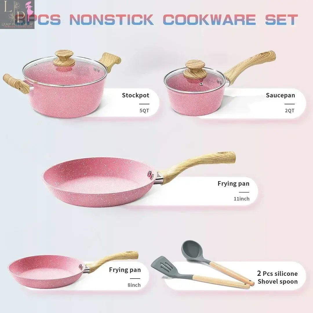 8-piece nonstick cookware set by Lamp Post with glass lids and Bakelite handles, ideal for versatile kitchen cooking.